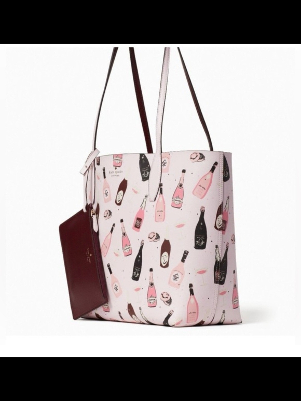kate spade Pink Champagne Print Reversible Tote Bag with Burgundy Pouch